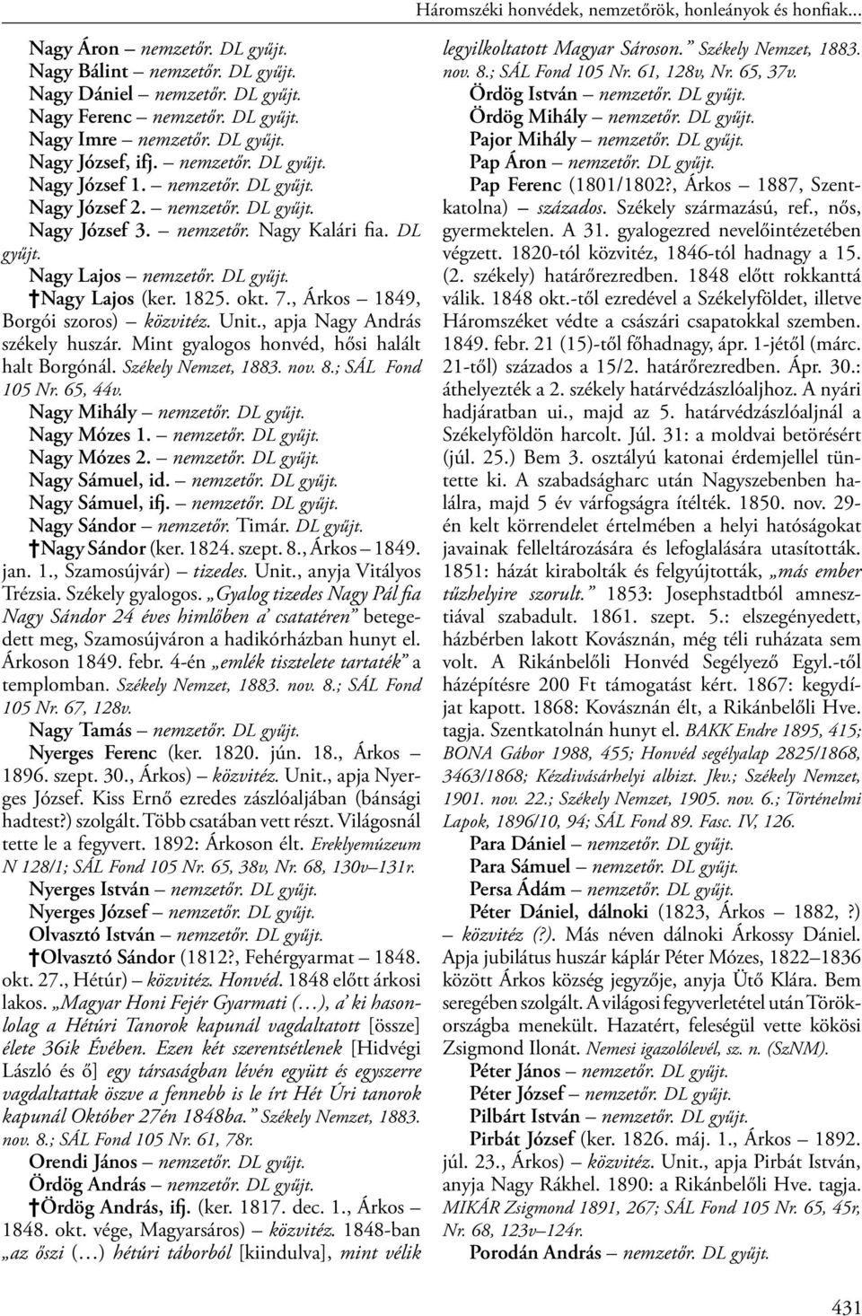 , apja Nagy András székely huszár. Mint gyalogos honvéd, hősi halált halt Borgónál. Székely Nemzet, 1883. nov. 8.; SÁL Fond 105 Nr. 65, 44v. Nagy Mihály nemzetőr. Nagy Mózes 1. nemzetőr. Nagy Mózes 2.