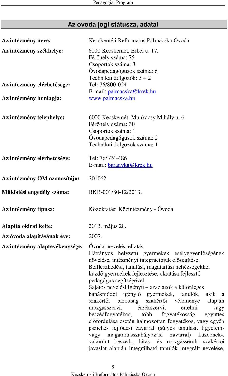 krek.hu Az intézmény honlapja: www.palmacska.hu Az intézmény telephelye: 60