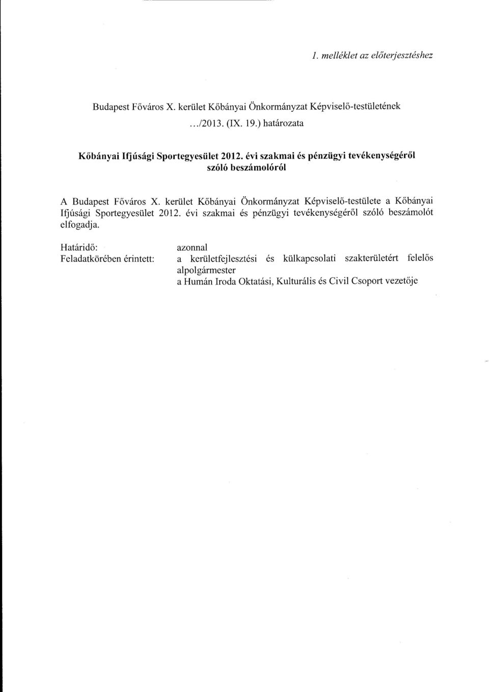 kerület Kőbányai Önkormányzat Képviselő-testülete a Kőbányai Ifjúsági Sportegyesület 2012.