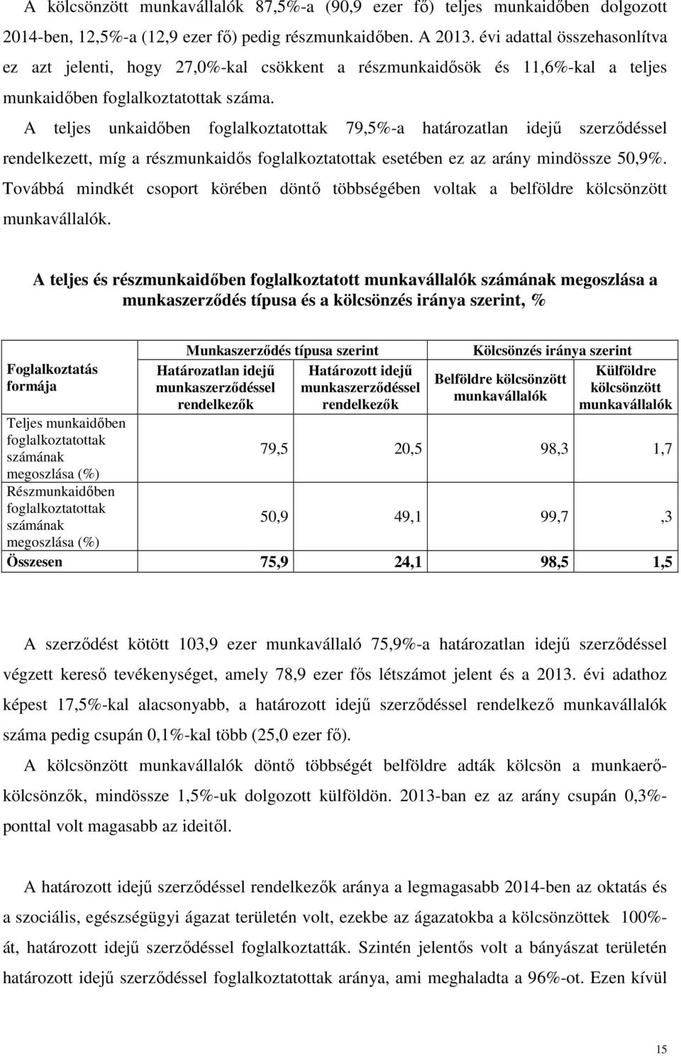 A teljes unkaidőben foglalkoztatottak 79,5%-a határozatlan idejű szerződéssel rendelkezett, míg a részmunkaidős foglalkoztatottak esetében ez az arány mindössze 50,9%.