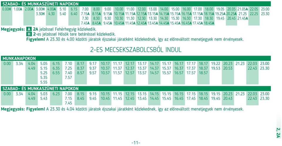 45A 12.45A 13.45A 14.45A 15.45A 16.45A 17.45A 18.45A Megjegyzés: A 2A jelzéssel Fehérhegyig közlekedik. H 2-es jelzéssel Hősök tere betéréssel közlekedik. Figyelem! A 23.30 és 4.