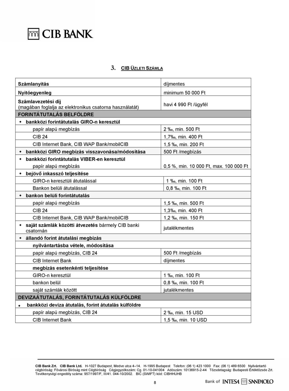 bankon belüli forintátutalás CIB 24, CIB WAP Bank/mobilCIB saját számlák közötti átvezetés bármely CIB banki csatornán állandó forint átutalási megbízás nyilvántartásba vétele, módosítása megbízás