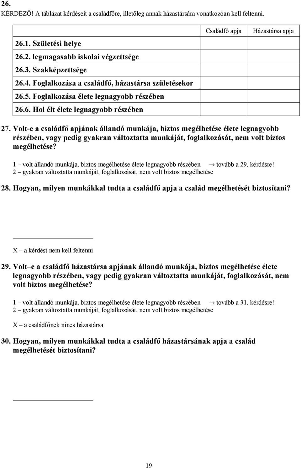 Volt-e a családfő apjának állandó munkája, biztos megélhetése élete legnagyobb részében, vagy pedig gyakran változtatta munkáját, foglalkozását, nem volt biztos megélhetése?