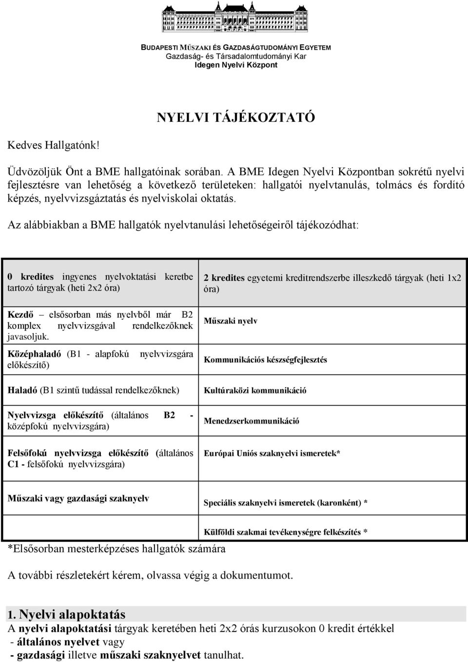 Az alábbiakban a BME hallgatók nyelvtanulási lehetőségeiről tájékozódhat: 0 kredites ingyenes nyelvoktatási keretbe tartozó tárgyak (heti 2x2 óra) Kezdő elsősorban más nyelvből már B2 komplex