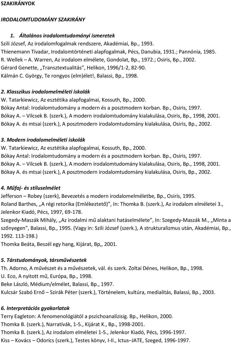Gérard Genette, Transztextualitás, Helikon, 1996/1-2, 82-90. Kálmán C. György, Te rongyos (elm)élet!, Balassi, Bp., 1998. 2. Klasszikus irodalomelméleti iskolák 3. Modern irodalomelméleti iskolák 4.