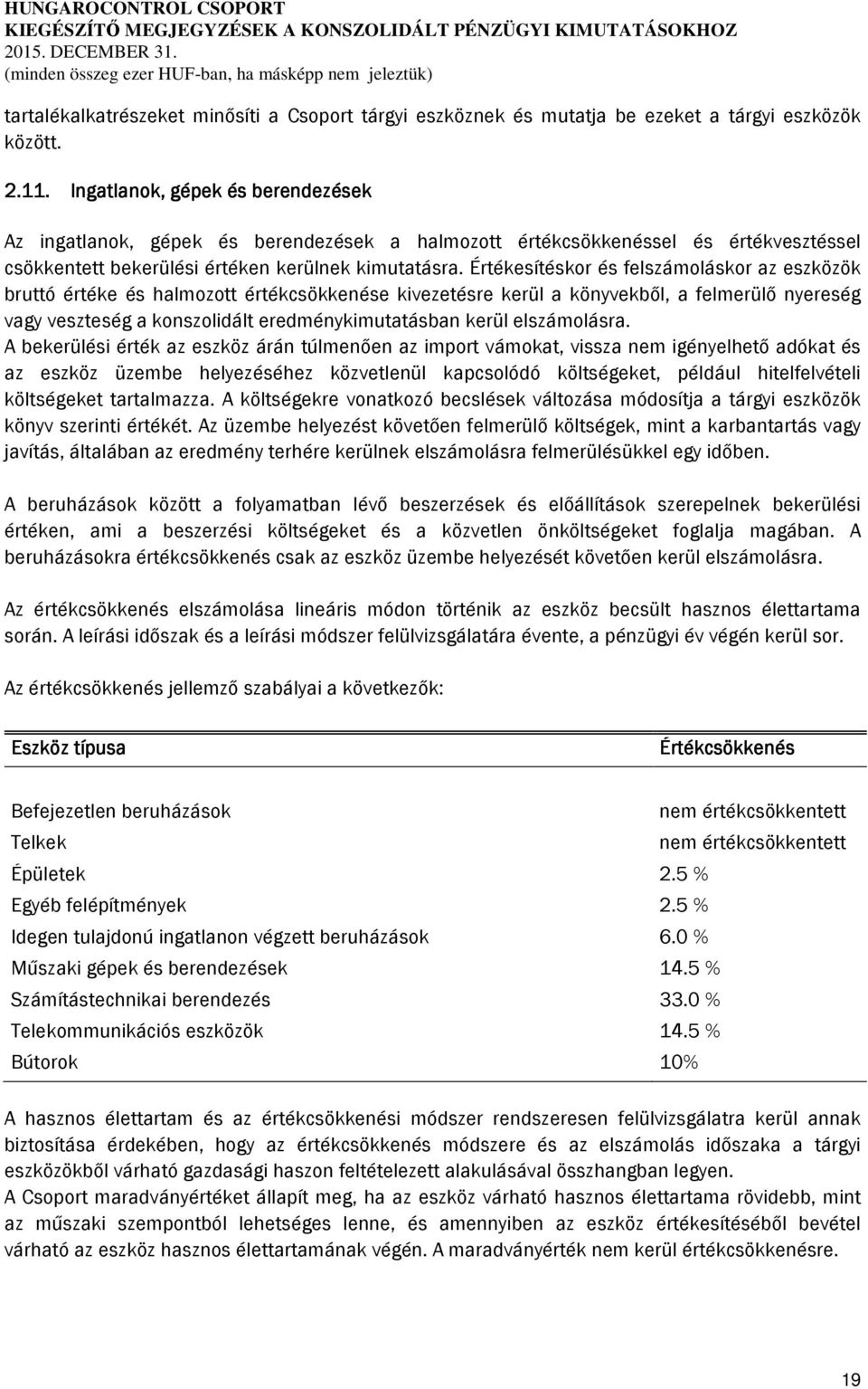 Értékesítéskor és felszámoláskor az eszközök bruttó értéke és halmozott értékcsökkenése kivezetésre kerül a könyvekből, a felmerülő nyereség vagy veszteség a konszolidált eredménykimutatásban kerül