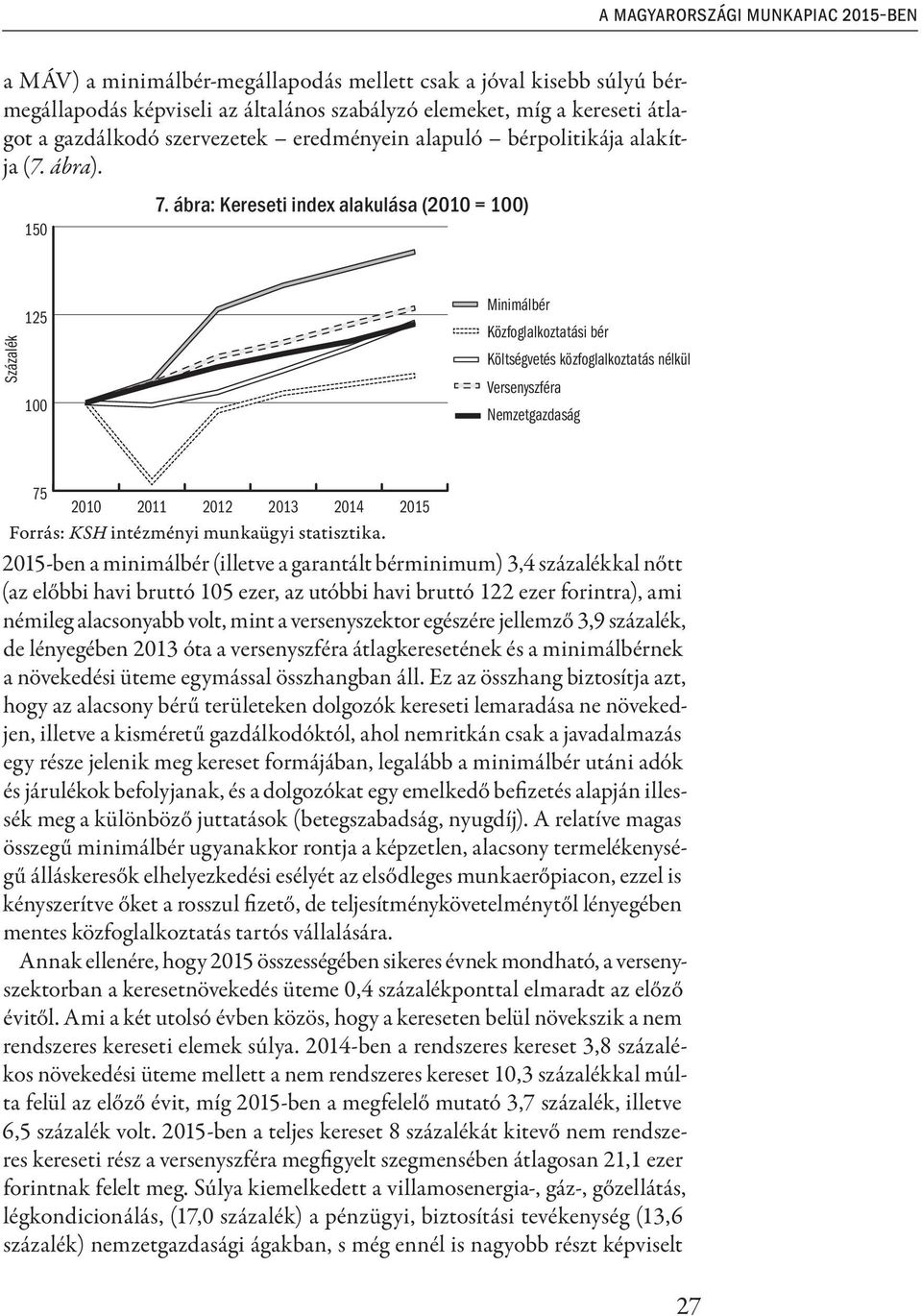 ábra: Kereseti index alakulása (2010 = 100) 150 Százalék 125 100 Minimálbér Közfoglalkoztatási bér Költségvetés közfoglalkoztatás nélkül Versenyszféra Nemzetgazdaság 75 2010 2011 2012 2013 2014
