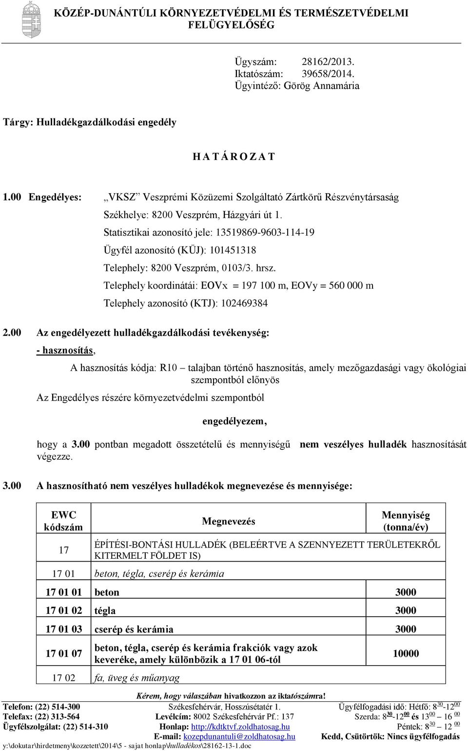 Statisztikai azonosító jele: 13519869-9603-114-19 Ügyfél azonosító (KÜJ): 101451318 Telephely: 8200 Veszprém, 0103/3. hrsz.