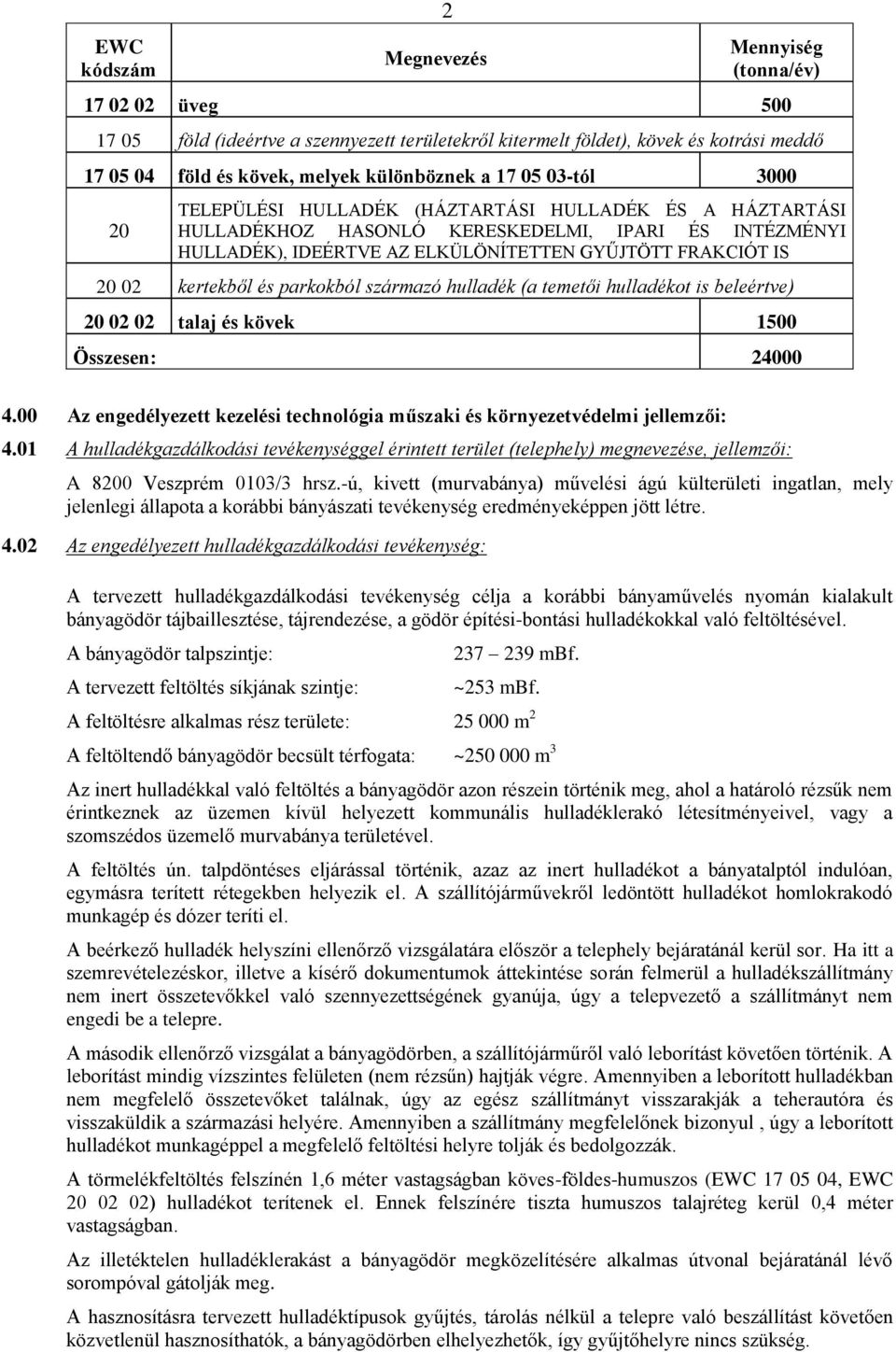 kertekből és parkokból származó hulladék (a temetői hulladékot is beleértve) 20 02 02 talaj és kövek 1500 Összesen: 24000 4.