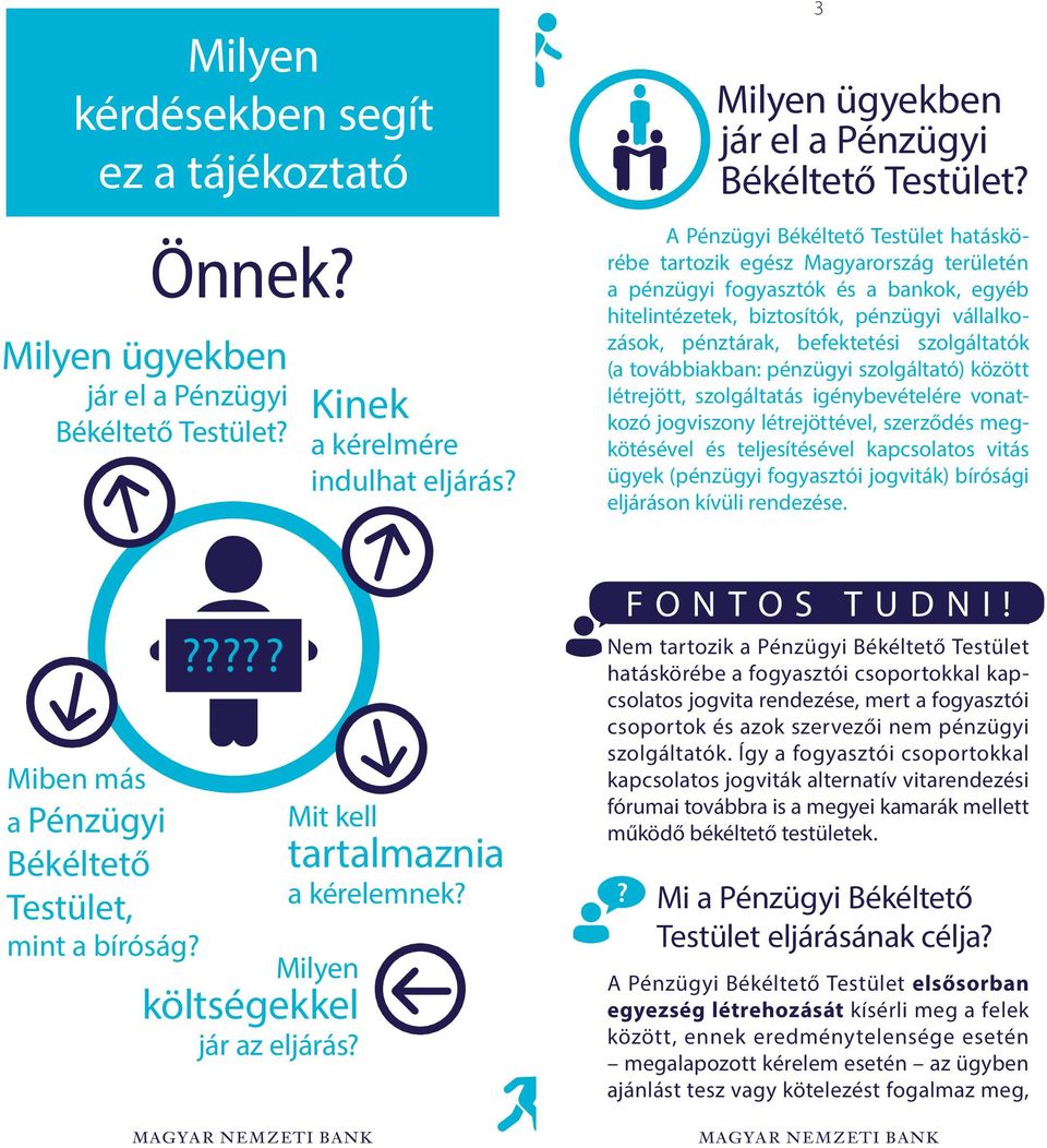 A Pénzügyi Békéltető Testület hatáskörébe tartozik egész Magyarország területén a pénzügyi fogyasztók és a bankok, egyéb hitelintézetek, biztosítók, pénzügyi vállalkozások, pénztárak, befektetési