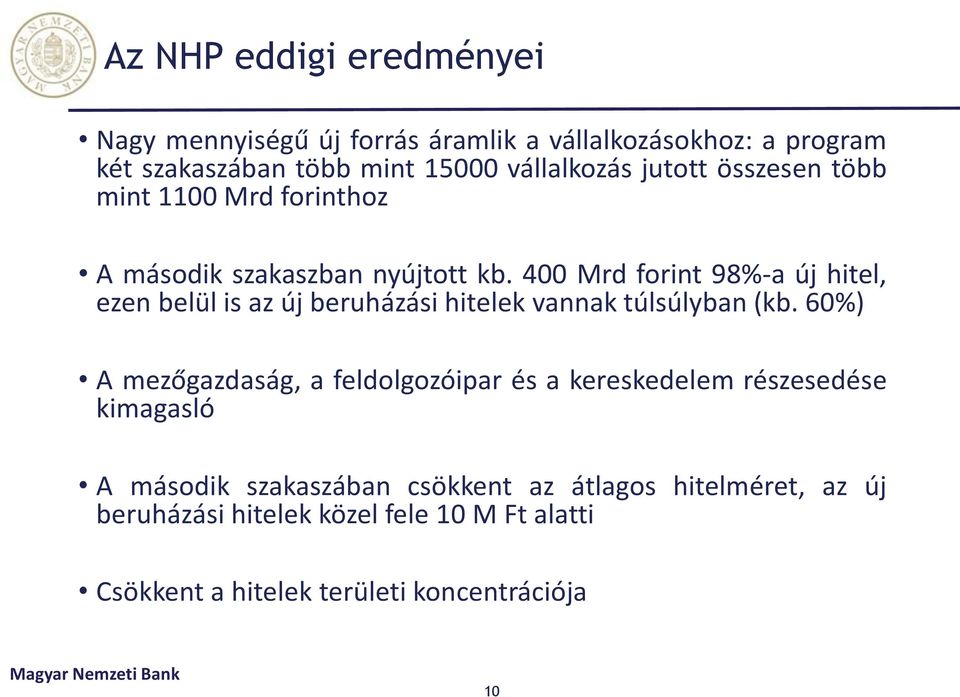 400 Mrd forint 98%-a új hitel, ezen belül is az új beruházási hitelek vannak túlsúlyban (kb.