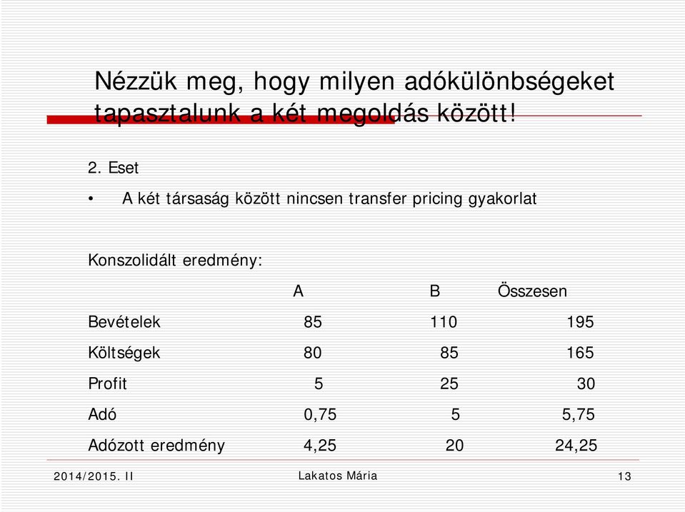 Eset A két társaság között nincsen transfer pricing gyakorlat