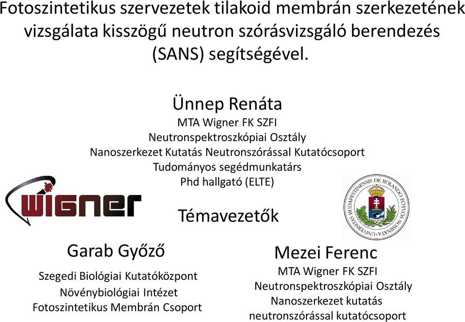 Ünnep Renáta MTA Wigner FK SZFI Neutronspektroszkópiai Osztály Nanoszerkezet Kutatás Neutronszórással Kutatócsoport Tudományos