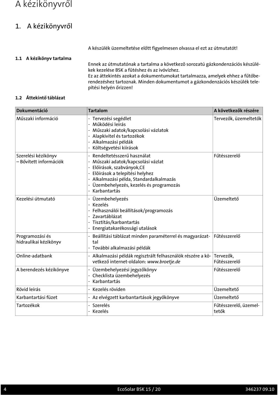 2 Áttekintő táblázat Dokumentáció Tartalom A következők részére Műszaki információ Szerelési kézikönyv Bővített információk Kezelési útmutató Programozási és hidraulikai kézikönyv Online-adatbank A