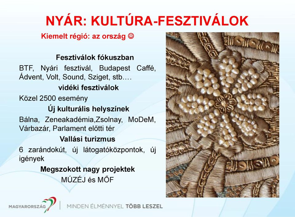 Közel 2500 esemény vidéki fesztiválok Új kulturális helyszínek Bálna, Zeneakadémia,Zsolnay,