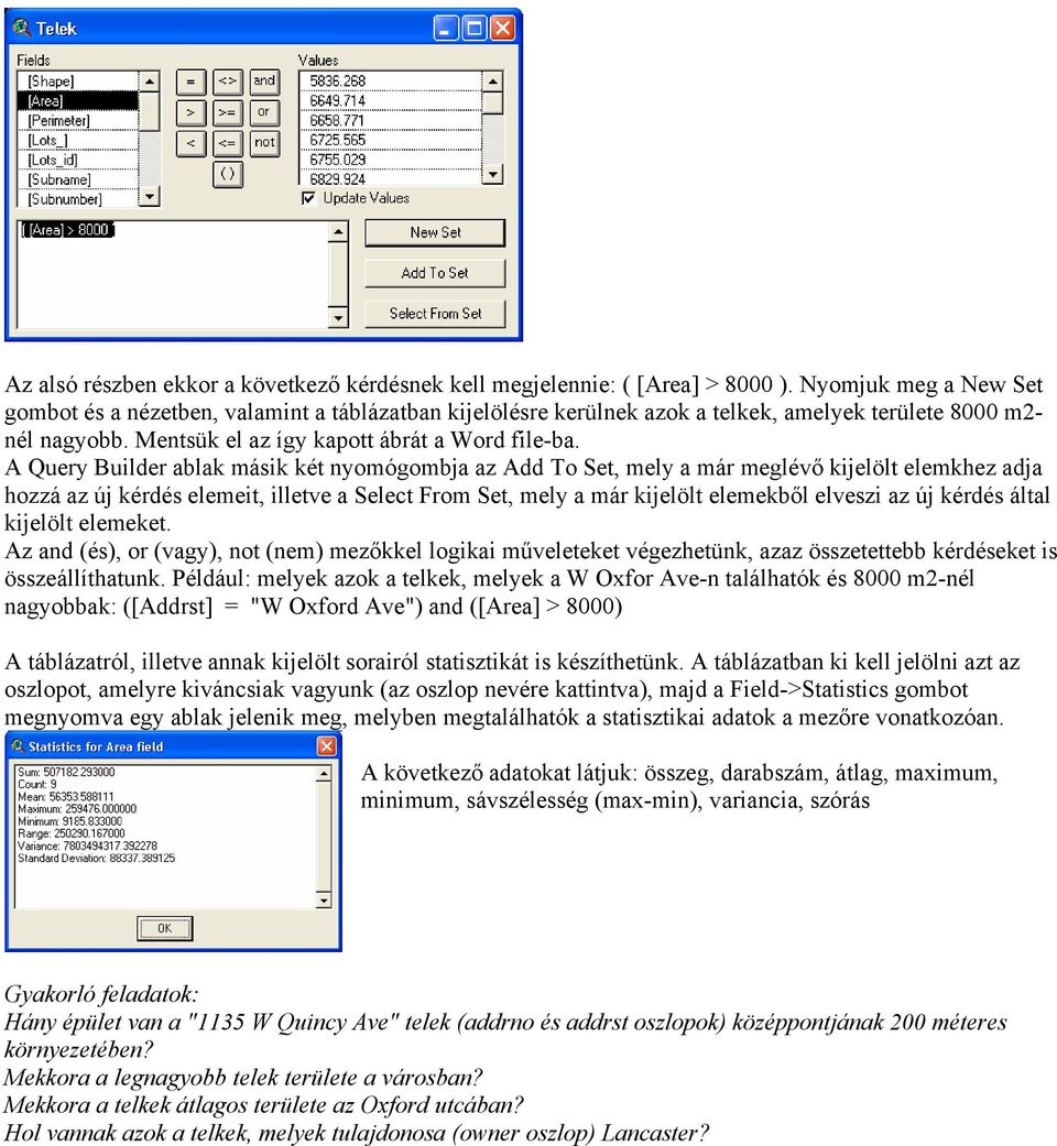 A Query Builder ablak másik két nyomógombja az Add To Set, mely a már meglévő kijelölt elemkhez adja hozzá az új kérdés elemeit, illetve a Select From Set, mely a már kijelölt elemekből elveszi az új