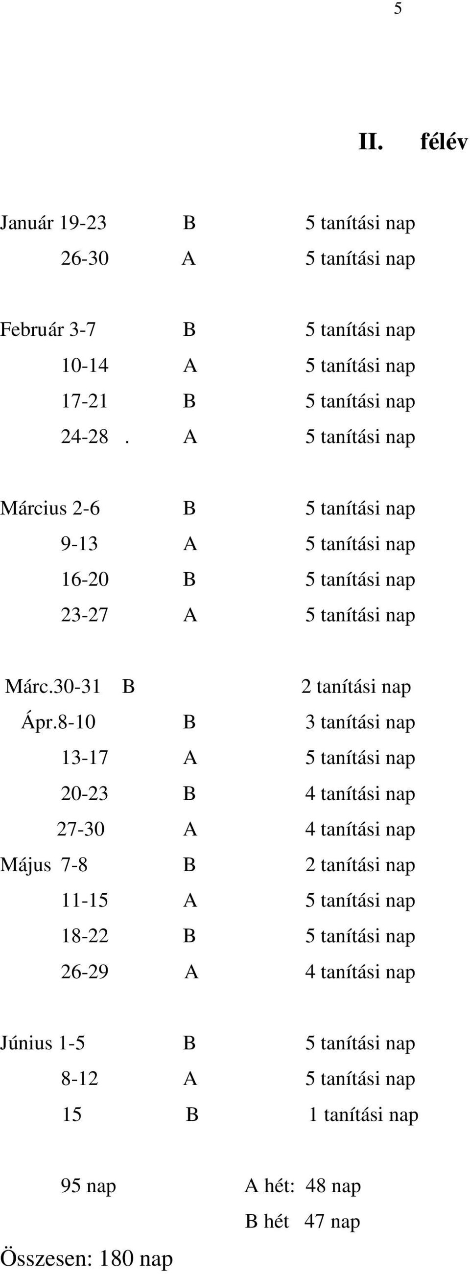 8-10 B 3 tanítási nap 13-17 A 5 tanítási nap 20-23 B 4 tanítási nap 27-30 A 4 tanítási nap Május 7-8 B 2 tanítási nap 11-15 A 5 tanítási nap 18-22 B 5