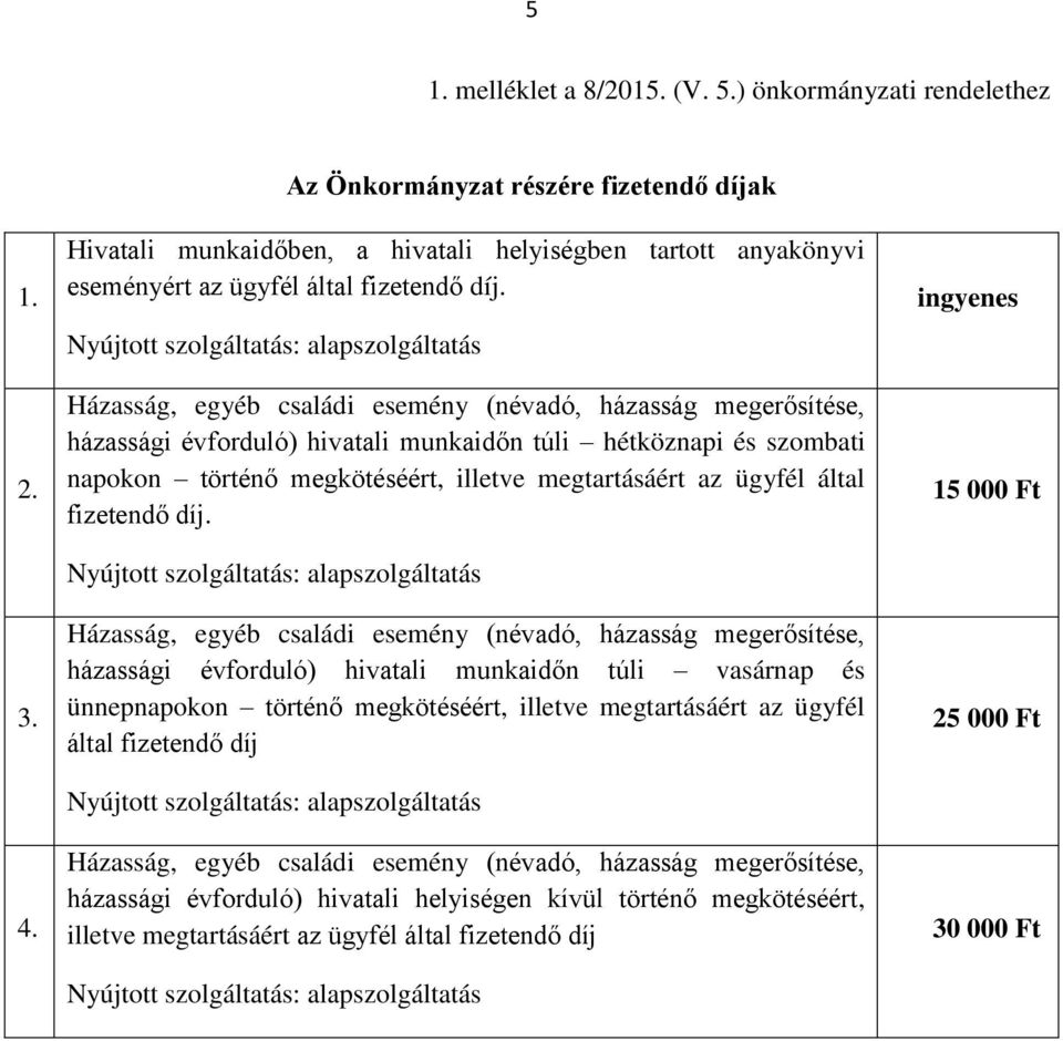 Házasság, egyéb családi esemény (névadó, házasság megerősítése, házassági évforduló) hivatali munkaidőn túli hétköznapi és szombati napokon történő megkötéséért, illetve megtartásáért az ügyfél által