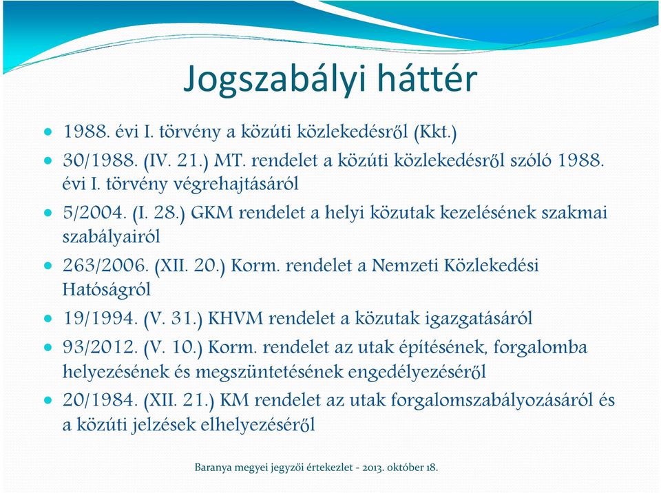 rendelet a Nemzeti Közlekedési Hatóságról 19/1994. (V. 31.) KHVM rendelet a közutak igazgatásáról 93/2012. (V. 10.) Korm.