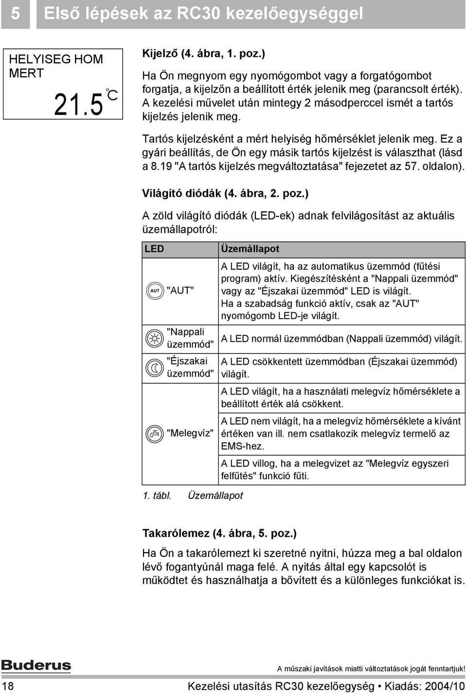 A kezelési művelet után mintegy 2 másodperccel ismét a tartós kijelzés jelenik meg. Tartós kijelzésként a mért helyiség hőmérséklet jelenik meg.
