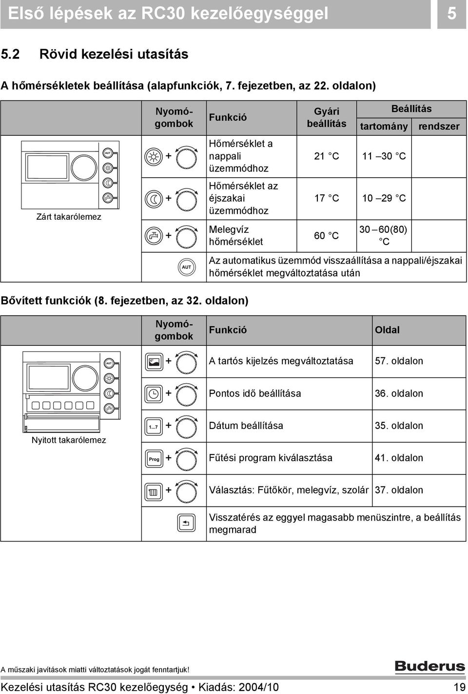 10 29 C 60 C 30 60(80) C Az automatikus üzemmód visszaállítása a nappali/éjszakai hőmérséklet megváltoztatása után Bővített funkciók (8. fejezetben, az 32.
