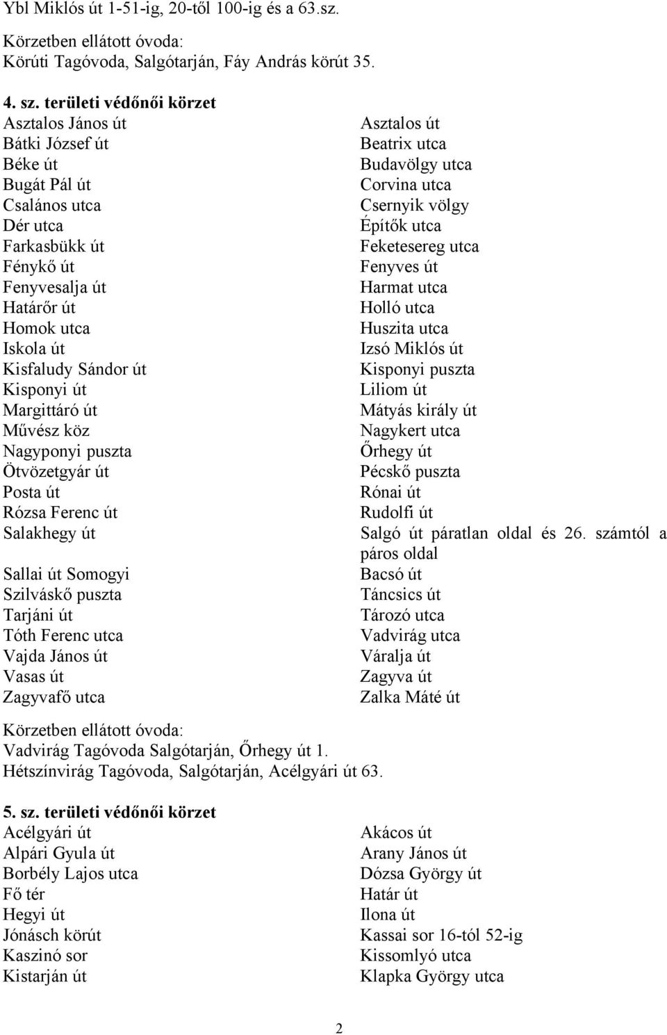 Kisponyi út Margittáró út Művész köz Nagyponyi puszta Ötvözetgyár út Posta út Rózsa Ferenc út Salakhegy út Sallai út Somogyi Szilváskő puszta Tarjáni út Tóth Ferenc utca Vajda János út Vasas út