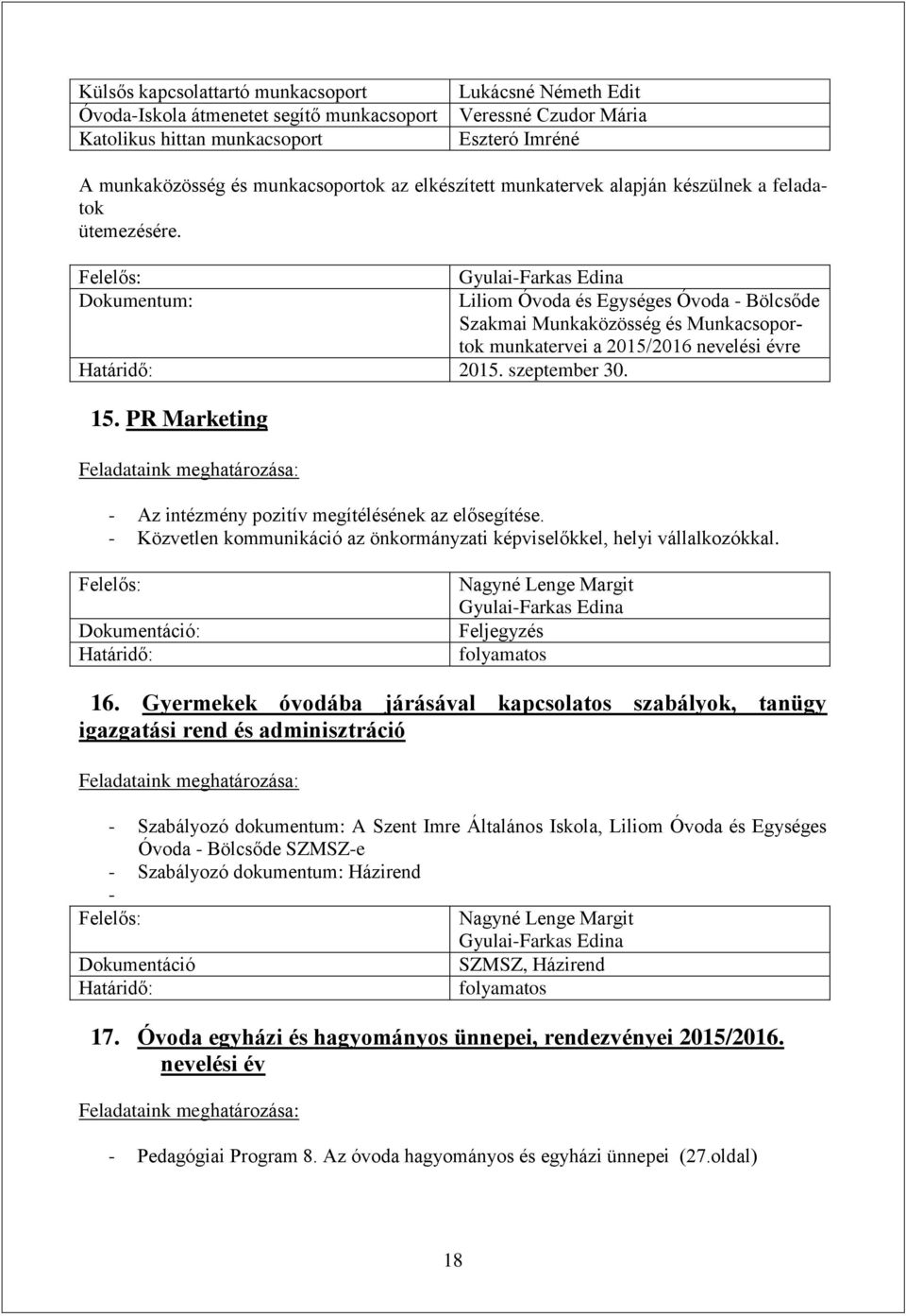 15. PR Marketing - Az intézmény pozitív megítélésének az elősegítése. - Közvetlen kommunikáció az önkormányzati képviselőkkel, helyi vállalkozókkal. Dokumentáció: Nagyné Lenge Margit Feljegyzés 16.