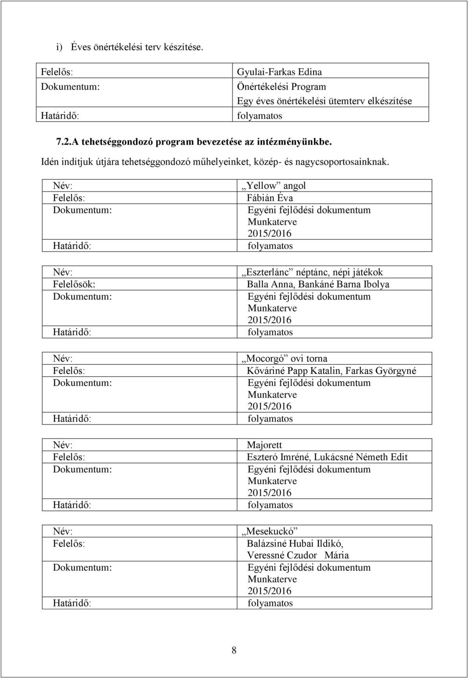 Név: Név: Felelősök: Név: Név: Név: Yellow angol Fábián Éva Egyéni fejlődési dokumentum Munkaterve Eszterlánc néptánc, népi játékok Balla Anna, Bankáné Barna Ibolya Egyéni fejlődési