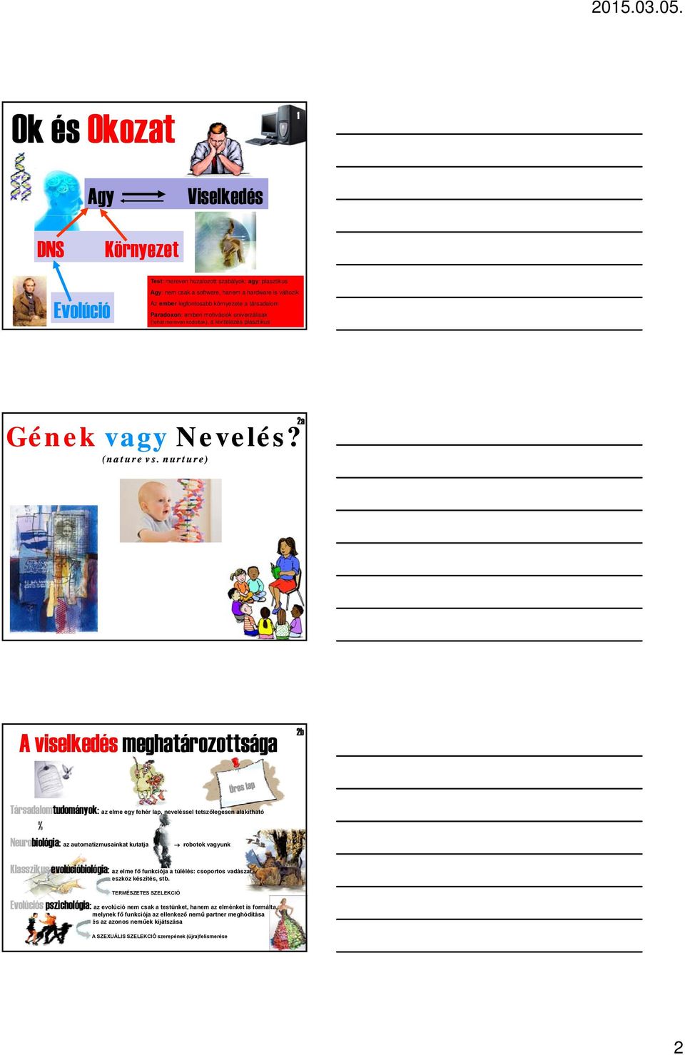 nurture) 2a A viselkedés meghatározottsága 2b Társadalomtudományok: az elme egy fehér lap, neveléssel tetszőlegesen alakítható % Neurobiológia: az automatizmusainkat kutatja robotok vagyunk