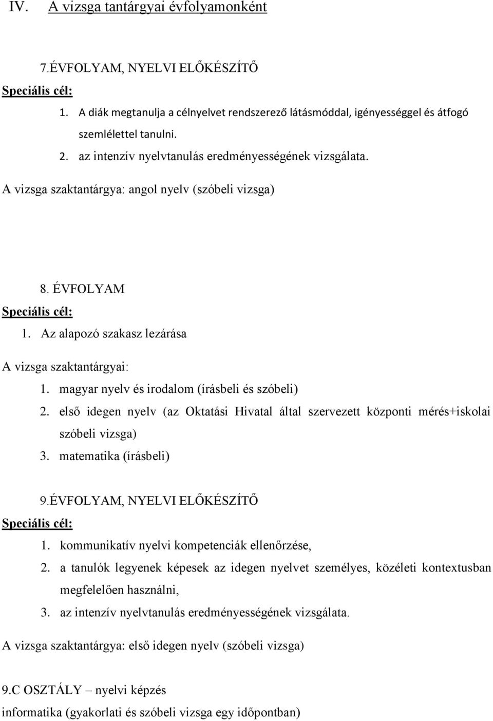 magyar nyelv és irodalom (írásbeli és szóbeli) 2. első idegen nyelv (az Oktatási Hivatal által szervezett központi mérés+iskolai szóbeli vizsga) 3. matematika (írásbeli) 9.