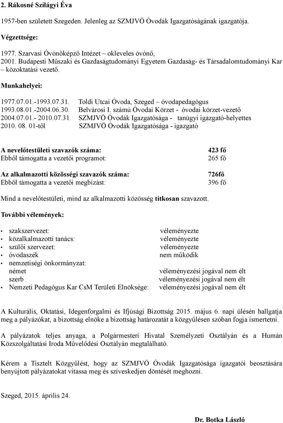 06.30. Belvárosi I. számú Óvodai Körzet - óvodai körzet-vezető 2004.07.01.- 2010.07.31. SZMJVÖ Óvodák Igazgatósága - tanügyi igazgató-helyettes 2010. 08.