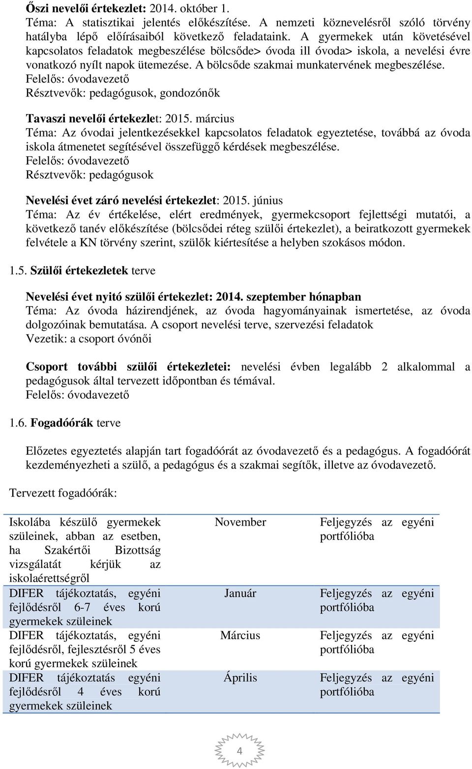 Felelős: Résztvevők: pedagógusok, gondozónők Tavaszi nevelői értekezlet: 2015.