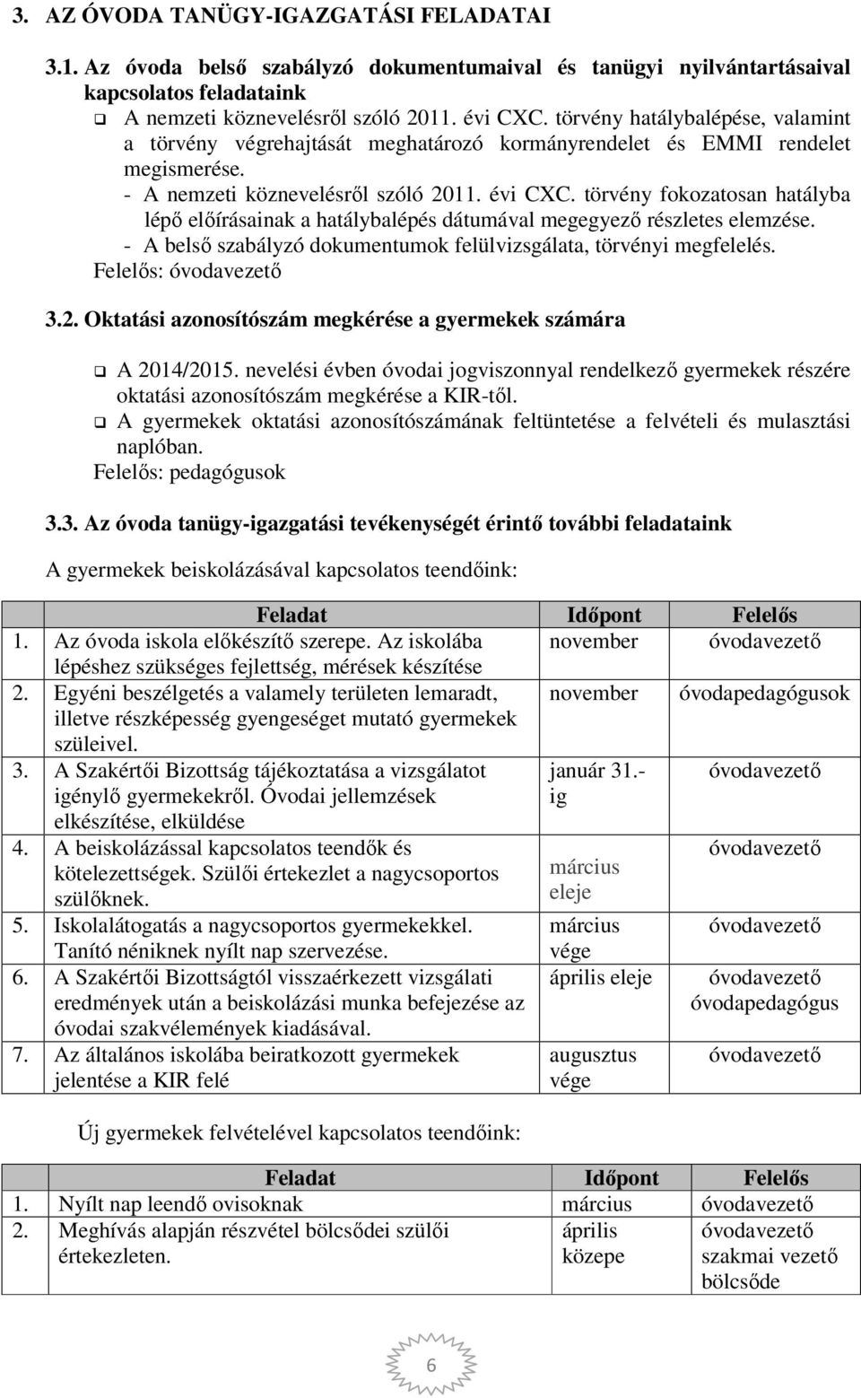 törvény fokozatosan hatályba lépő előírásainak a hatálybalépés dátumával megegyező részletes elemzése. - A belső szabályzó dokumentumok felülvizsgálata, törvényi megfelelés. Felelős: 3.2.