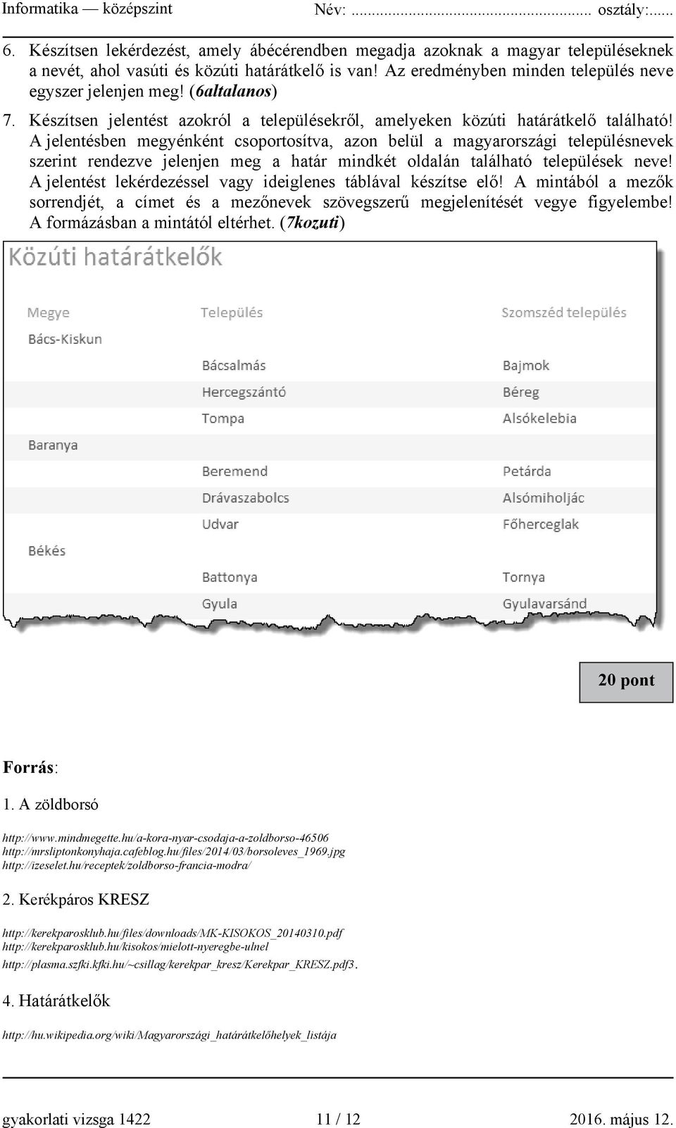 A jelentésben megyénként csoportosítva, azon belül a magyarországi településnevek szerint rendezve jelenjen meg a határ mindkét oldalán található települések neve!