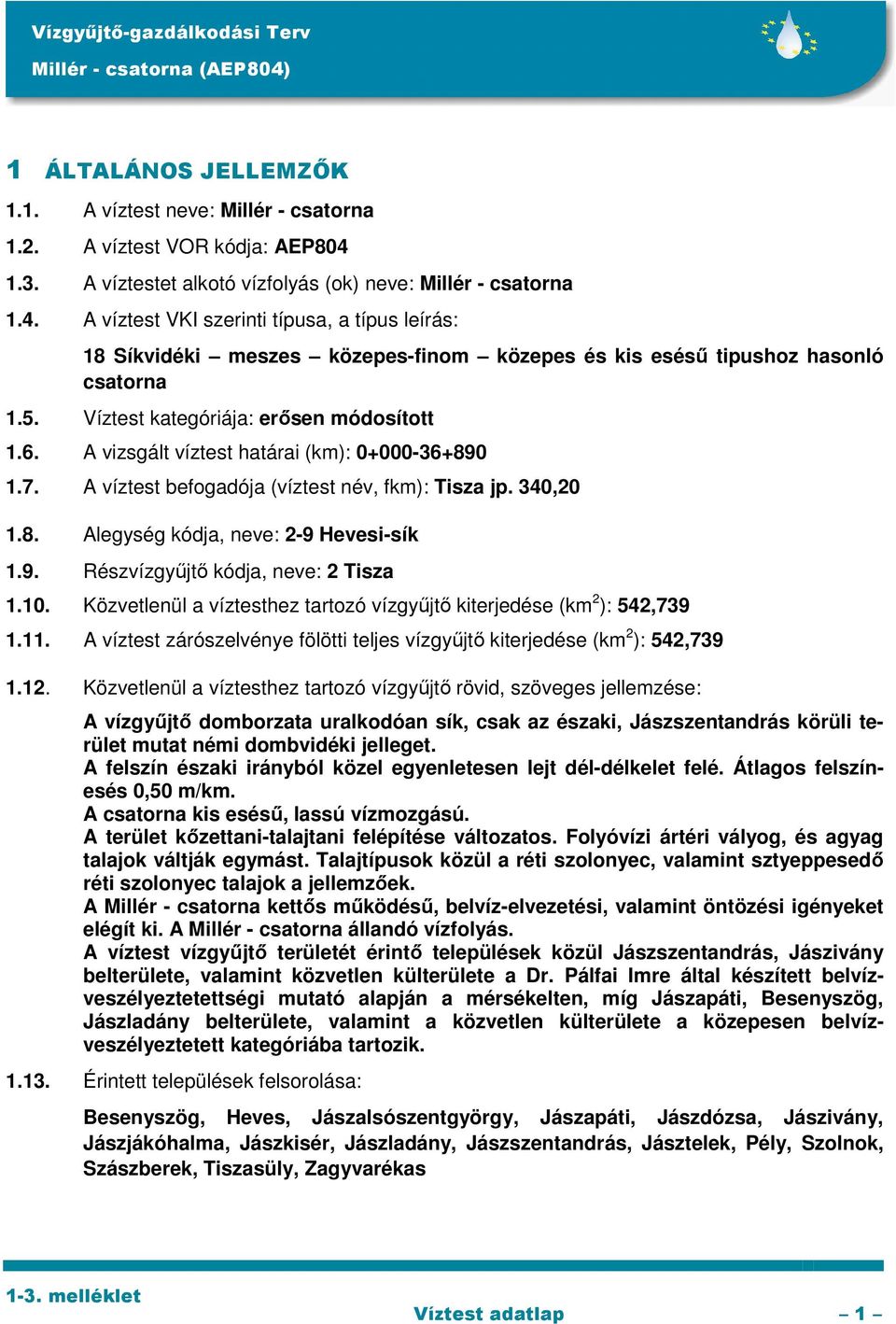 Víztest kategóriája: erősen módosított 1.6. A vizsgált víztest határai (km): 0+000-36+890 1.7. A víztest befogadója (víztest név, fkm): Tisza jp. 340,20 1.8. Alegység kódja, neve: 2-9 Hevesi-sík 1.9. Részvízgyűjtő kódja, neve: 2 Tisza 1.