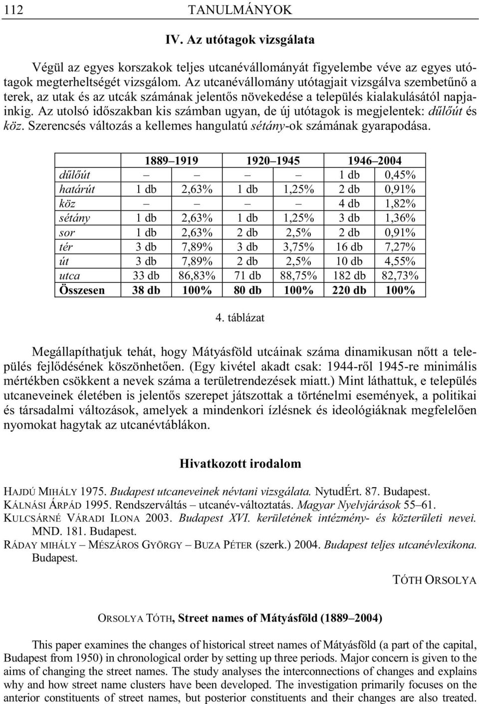 Az utolsó id szakban kis számban ugyan, de új utótagok is megjelentek: d l út és köz. Szerencsés változás a kellemes hangulatú sétány-ok számának gyarapodása.