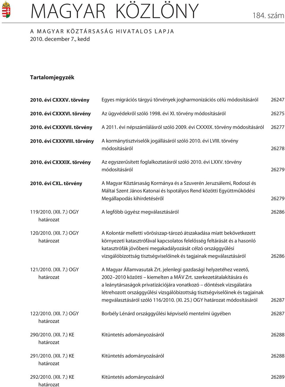 törvény A 2011. évi népszámlálásról szóló 2009. évi CXXXIX. törvény módosításáról 26277 2010. évi CXXXVIII. törvény A kormánytisztviselõk jogállásáról szóló 2010. évi LVIII.