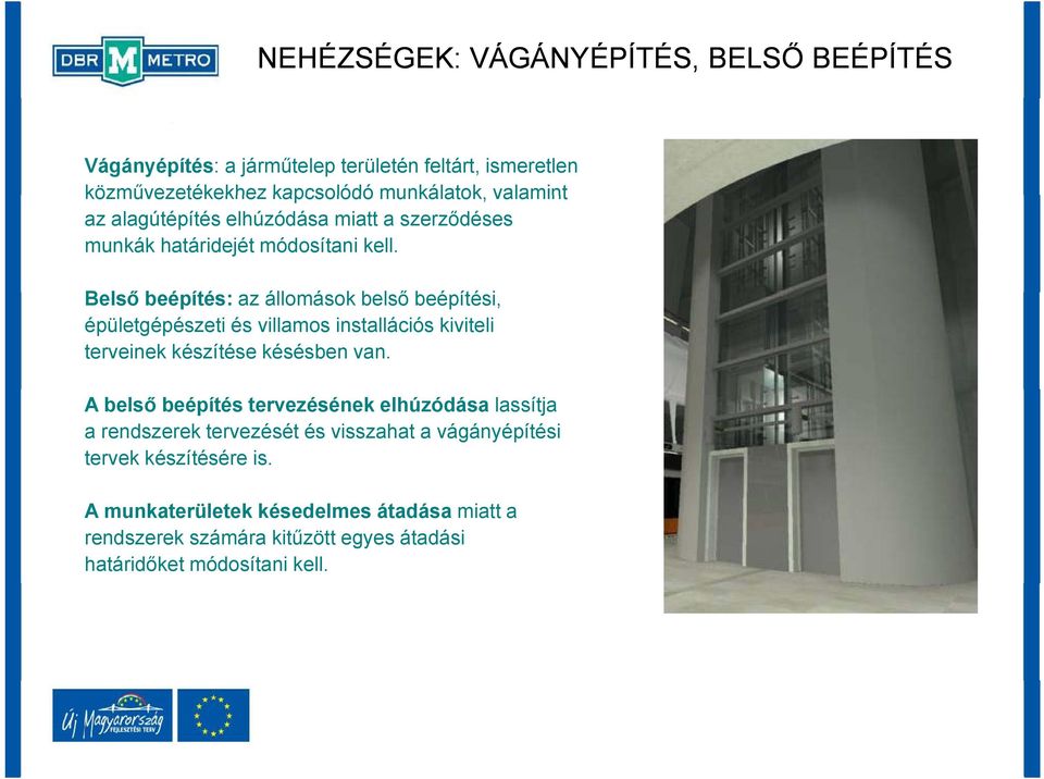 Belső ő beépítés: az állomások á belső ő beépítési, épületgépészeti és villamos installációs kiviteli terveinek készítése késésben van.