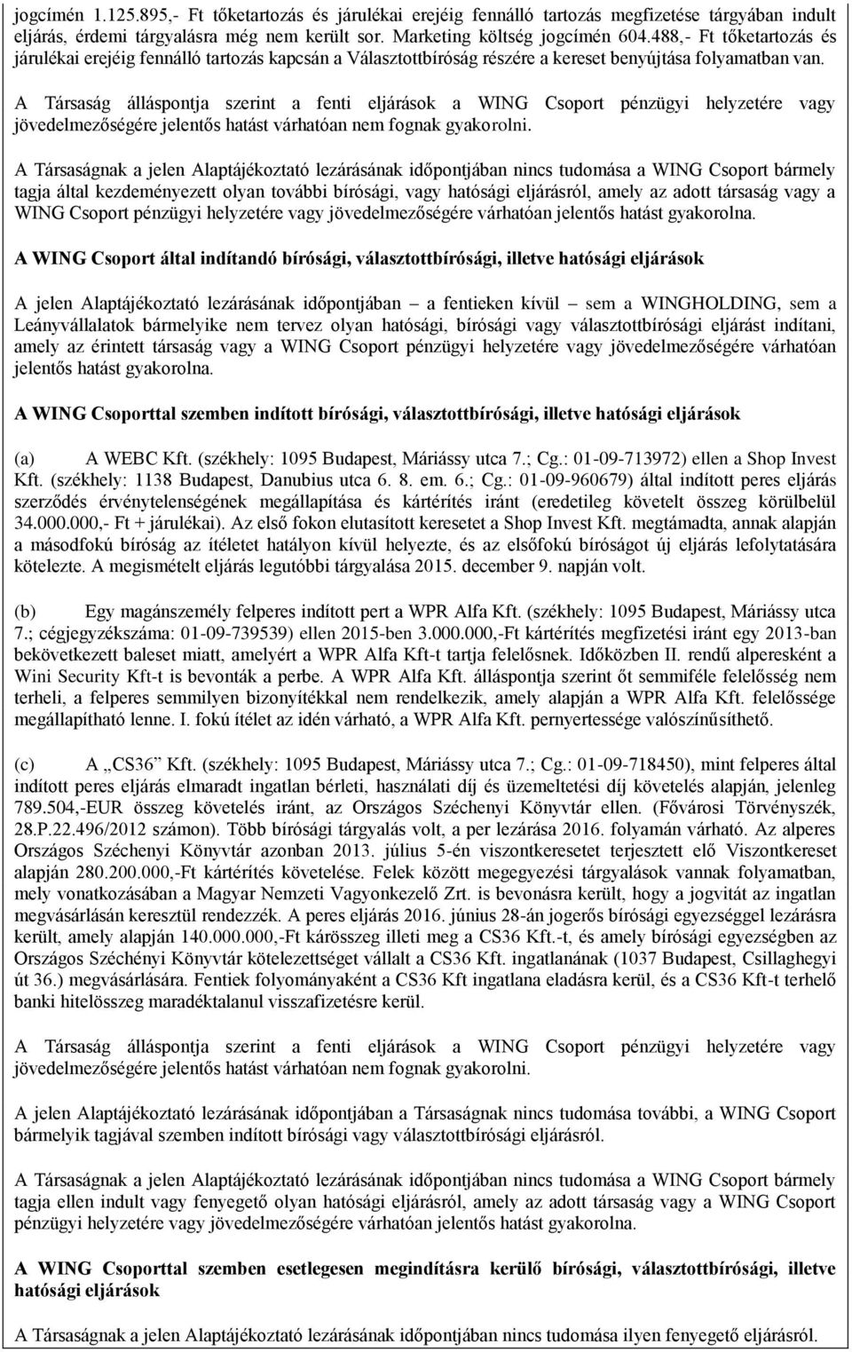 A Társaság álláspontja szerint a fenti eljárások a WING Csoport pénzügyi helyzetére vagy jövedelmezőségére jelentős hatást várhatóan nem fognak gyakorolni.
