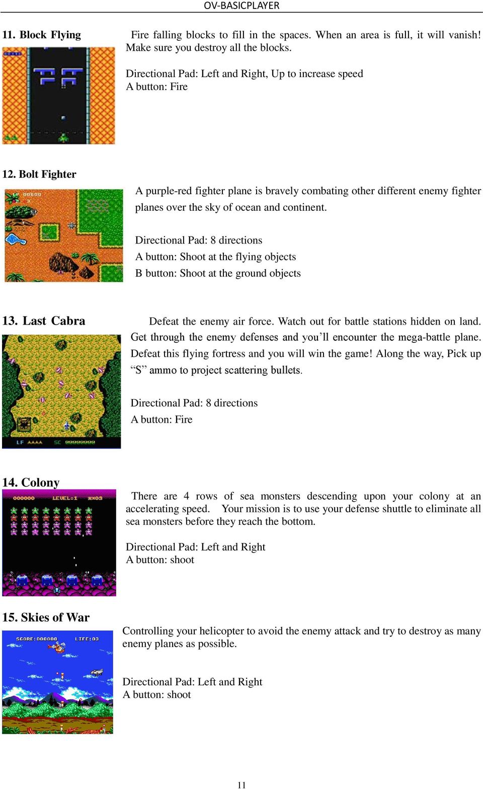 Directional Pad: 8 directions A button: Shoot at the flying objects B button: Shoot at the ground objects 13. Last Cabra Defeat the enemy air force. Watch out for battle stations hidden on land.