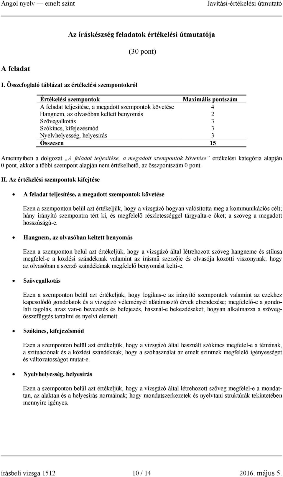 Szövegalkotás 3 Szókincs, kifejezésmód 3 Nyelvhelyesség, helyesírás 3 Összesen 15 Amennyiben a dolgozat A feladat teljesítése, a megadott szempontok követése értékelési kategória alapján 0 pont,