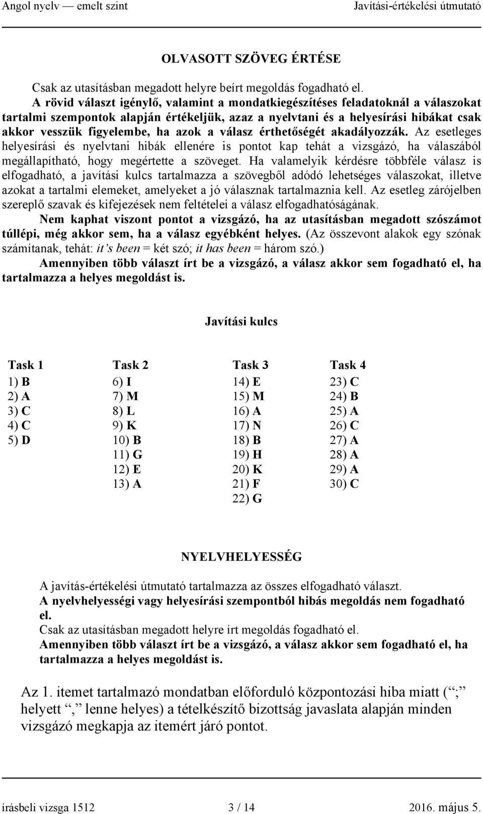 azok a válasz érthetőségét akadályozzák. Az esetleges helyesírási és nyelvtani hibák ellenére is pontot kap tehát a vizsgázó, ha válaszából megállapítható, hogy megértette a szöveget.