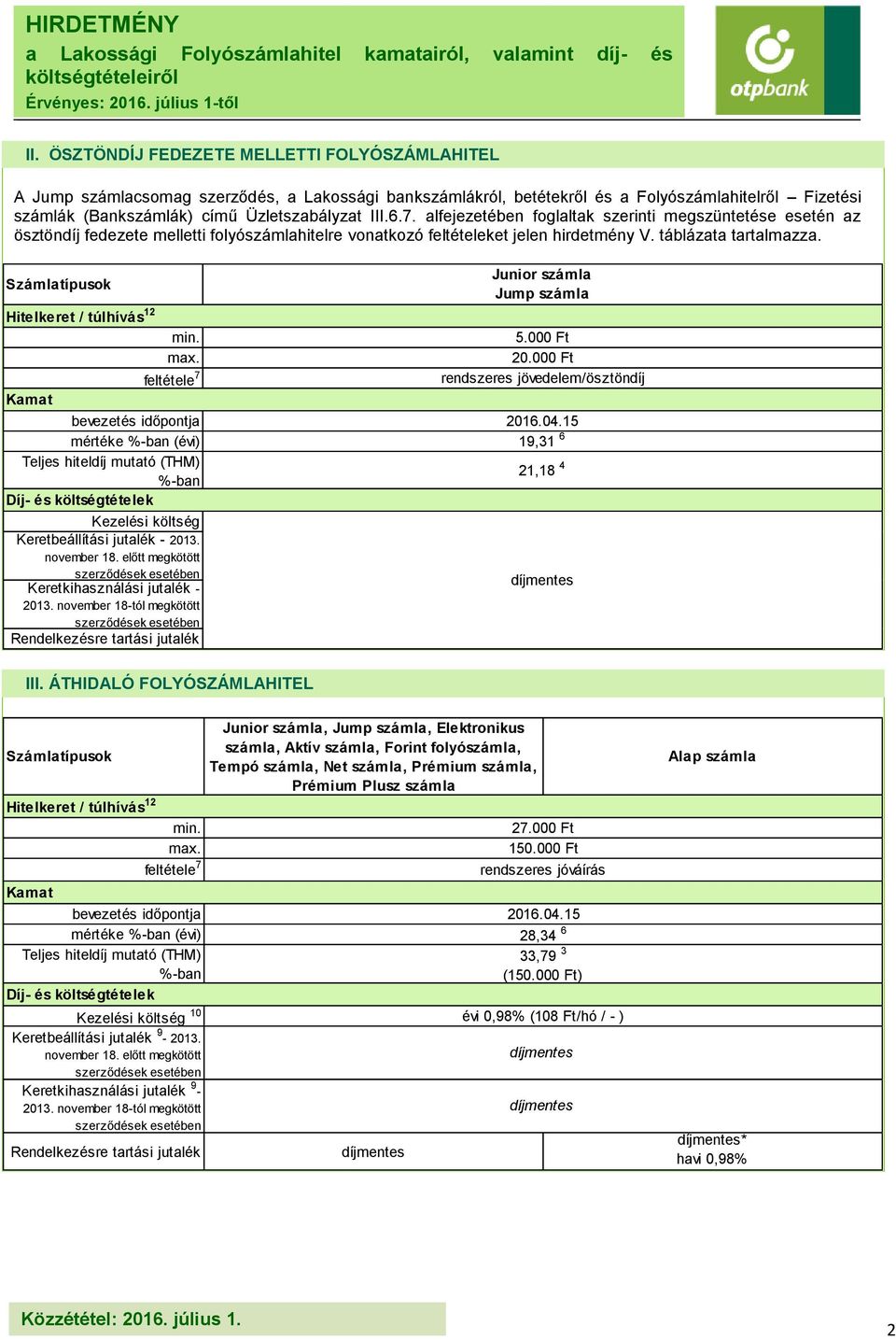 Hitelkeret / túlhívás 12 Kezelési költség Keretbeállítási jutalék - 2013. Keretkihasználási jutalék - Junior Jump 5.000 Ft 20.000 Ft rendszeres jövedelem/ösztöndíj 19,31 6 21,18 4 III.