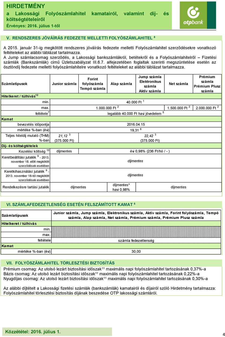 A Jump csomag szerződés, a Lakossági bankszámlákról, betétekről és a Folyóhitelről Fizetési számlák (Bankszámlák) című Üzletszabályzat III.6.7.