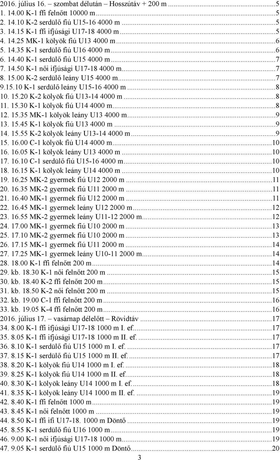 .. 8 10. 15.20 K-2 kölyök fiú U13-14 4000 m... 8 11. 15.30 K-1 kölyök fiú U14 4000 m... 8 12. 15.35 MK-1 kölyök leány U13 4000 m... 9 13. 15.45 K-1 kölyök fiú U13 4000 m... 9 14. 15.55 K-2 kölyök leány U13-14 4000 m.