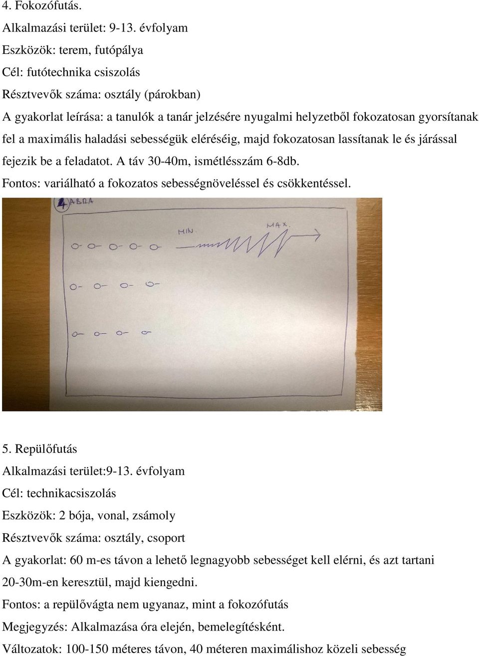 maximális haladási sebességük eléréséig, majd fokozatosan lassítanak le és járással fejezik be a feladatot. A táv 30-40m, ismétlésszám 6-8db.