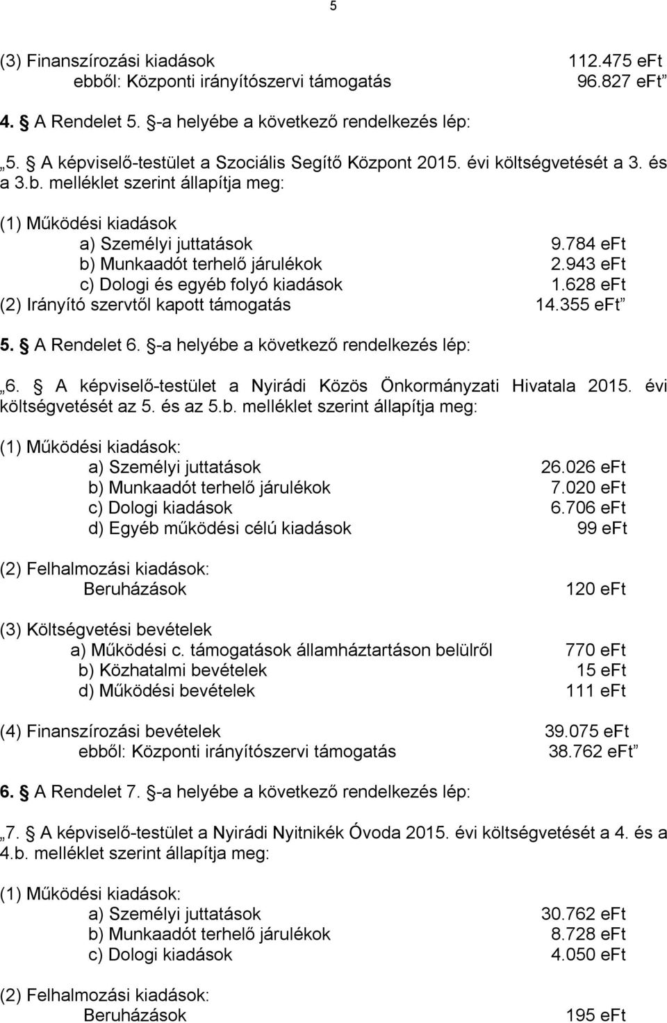 784 eft b) Munkaadót terhelő járulékok 2.943 eft c) Dologi és egyéb folyó kiadások 1.628 eft (2) Irányító szervtől kapott támogatás 14.355 eft 5. A Rendelet 6.