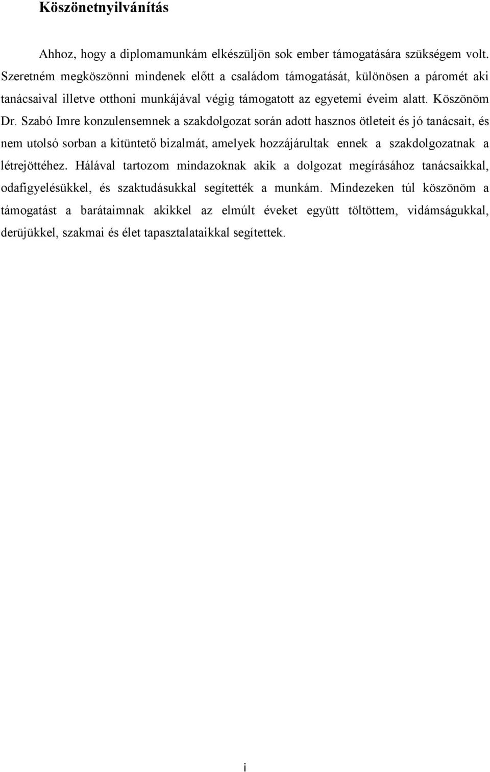Szabó Imre konzulensemnek a szakdolgozat során adott hasznos ötleteit és jó tanácsait, és nem utolsó sorban a kitüntető bizalmát, amelyek hozzájárultak ennek a szakdolgozatnak a létrejöttéhez.
