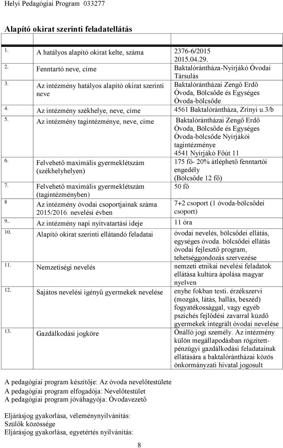 Az intézmény tagintézménye, neve, címe Felvehető maximális gyermeklétszám (székhelyhelyen) 7. Felvehető maximális gyermeklétszám (tagintézményben) 8 Az intézmény óvodai csoportjainak száma 2015/2016.