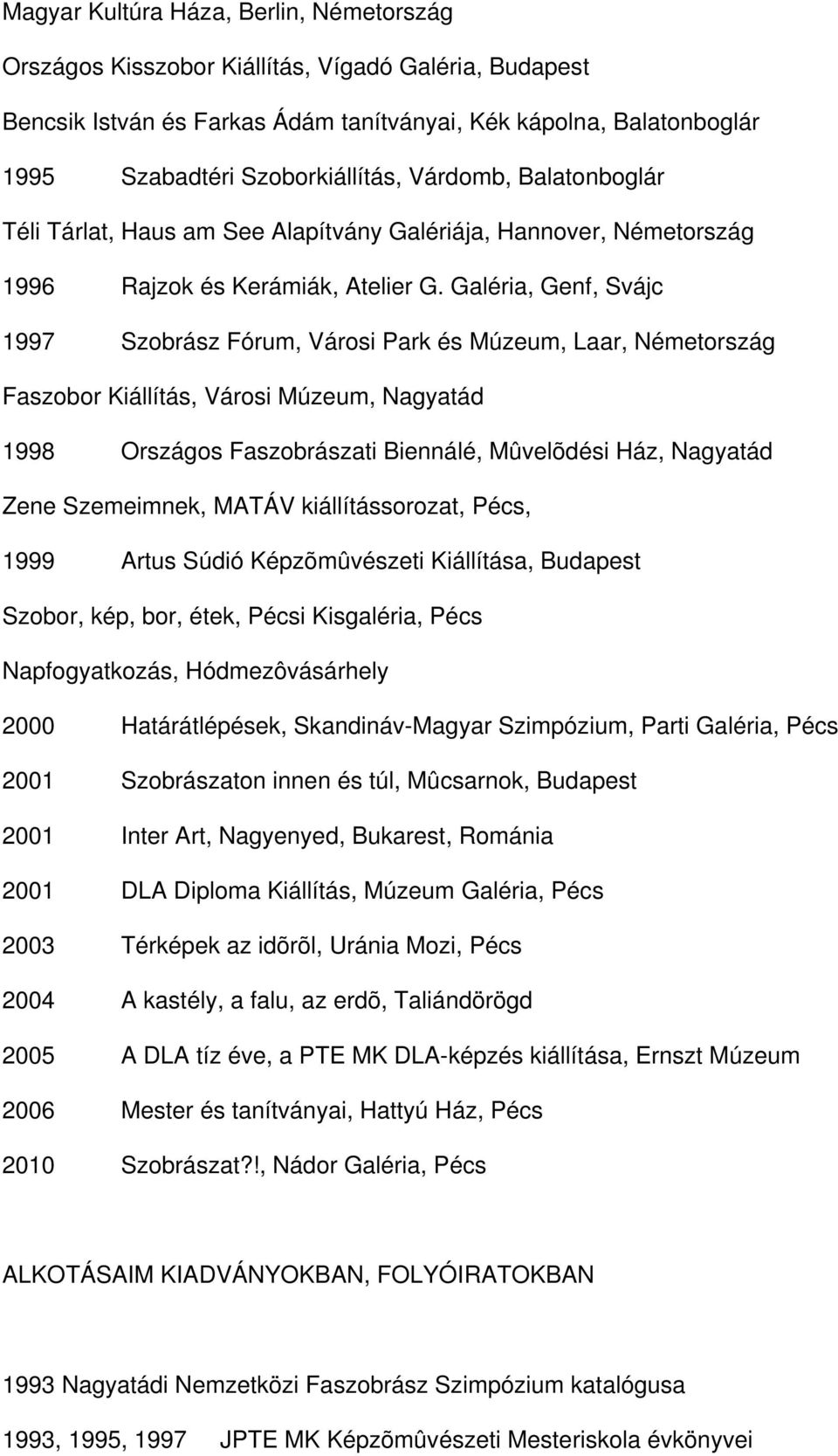 Galéria, Genf, Svájc 1997 Szobrász Fórum, Városi Park és Múzeum, Laar, Németország Faszobor Kiállítás, Városi Múzeum, Nagyatád 1998 Országos Faszobrászati Biennálé, Mûvelõdési Ház, Nagyatád Zene